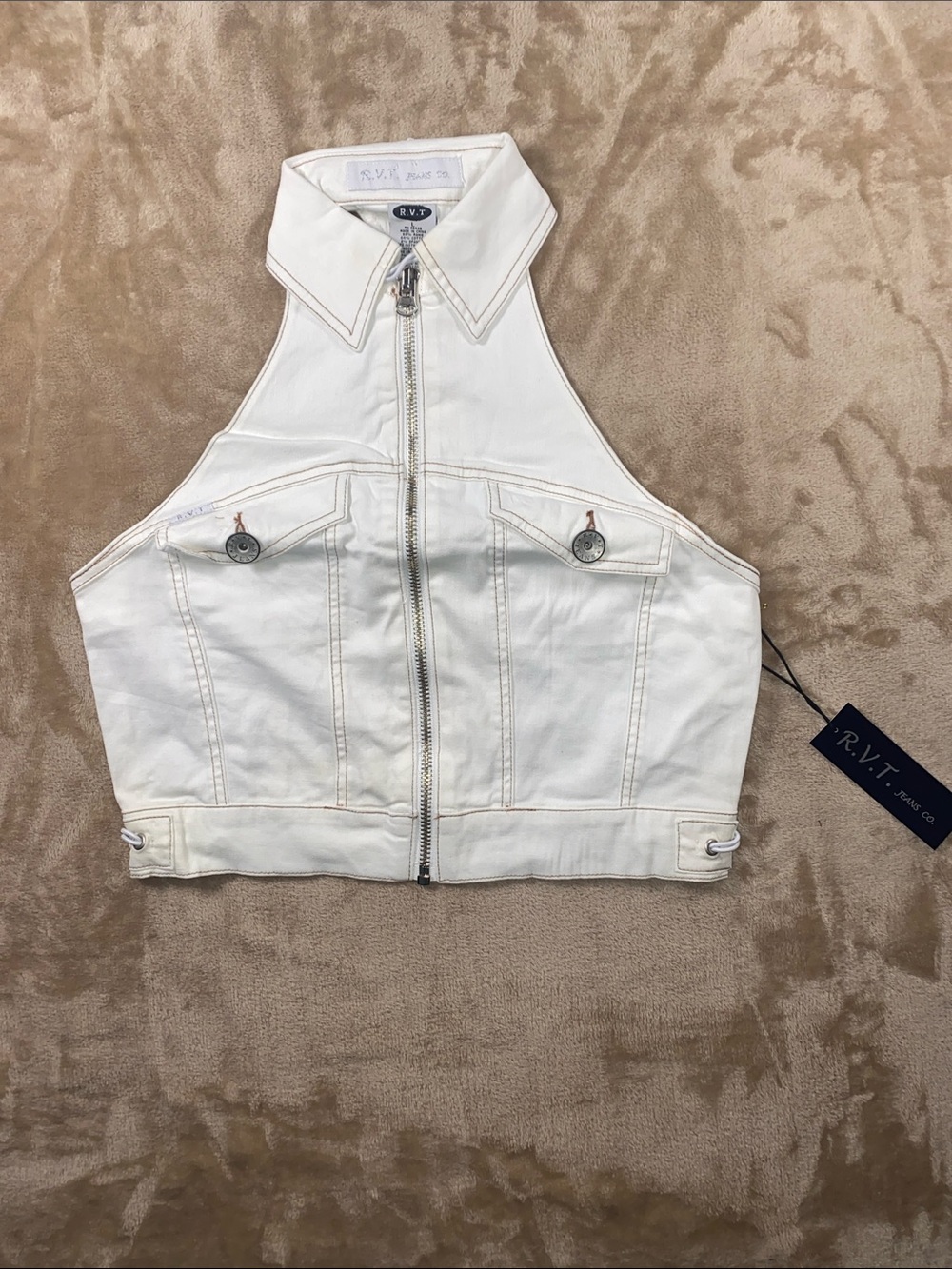 Vintage Y2K R.V.T. White Zip-Front Halter Denim Vest